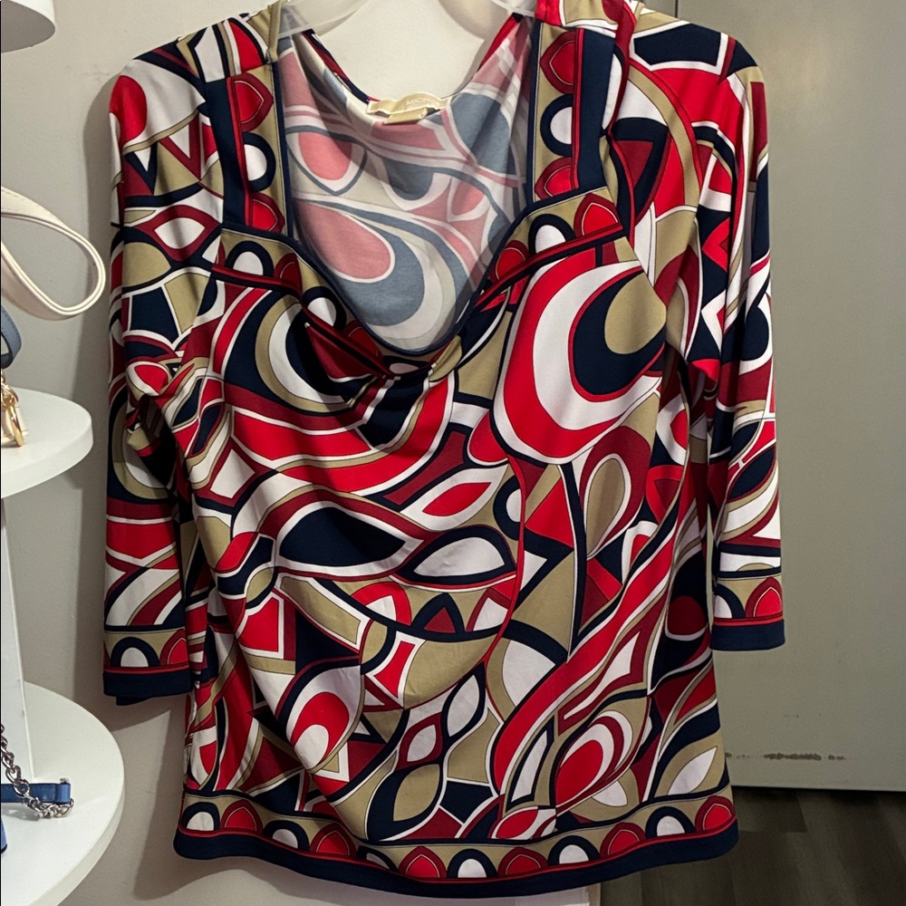 Michael Kors Abstract Geo-Print Draped Neck Blouse in Red, Navy & Tan